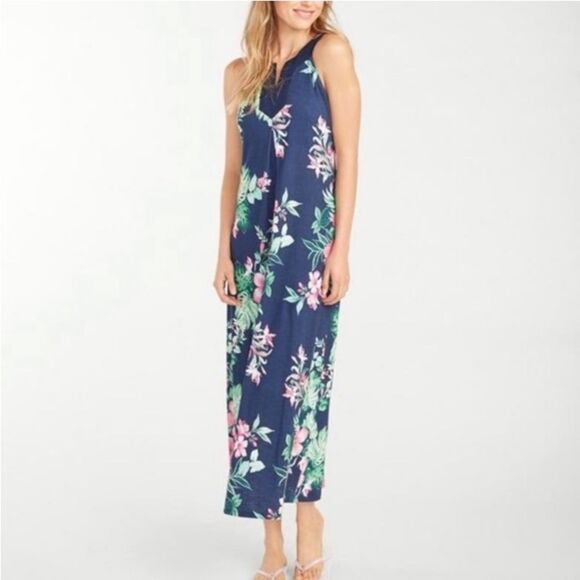 Tommy Bahama Hibiscus Flower Navy Hawalian Built in Bra Cotton Maxi Dress Small - Picture 1 of 7